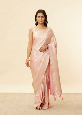 Cherry Blossom Pink Floral Patterned Zari Work Saree image number 0